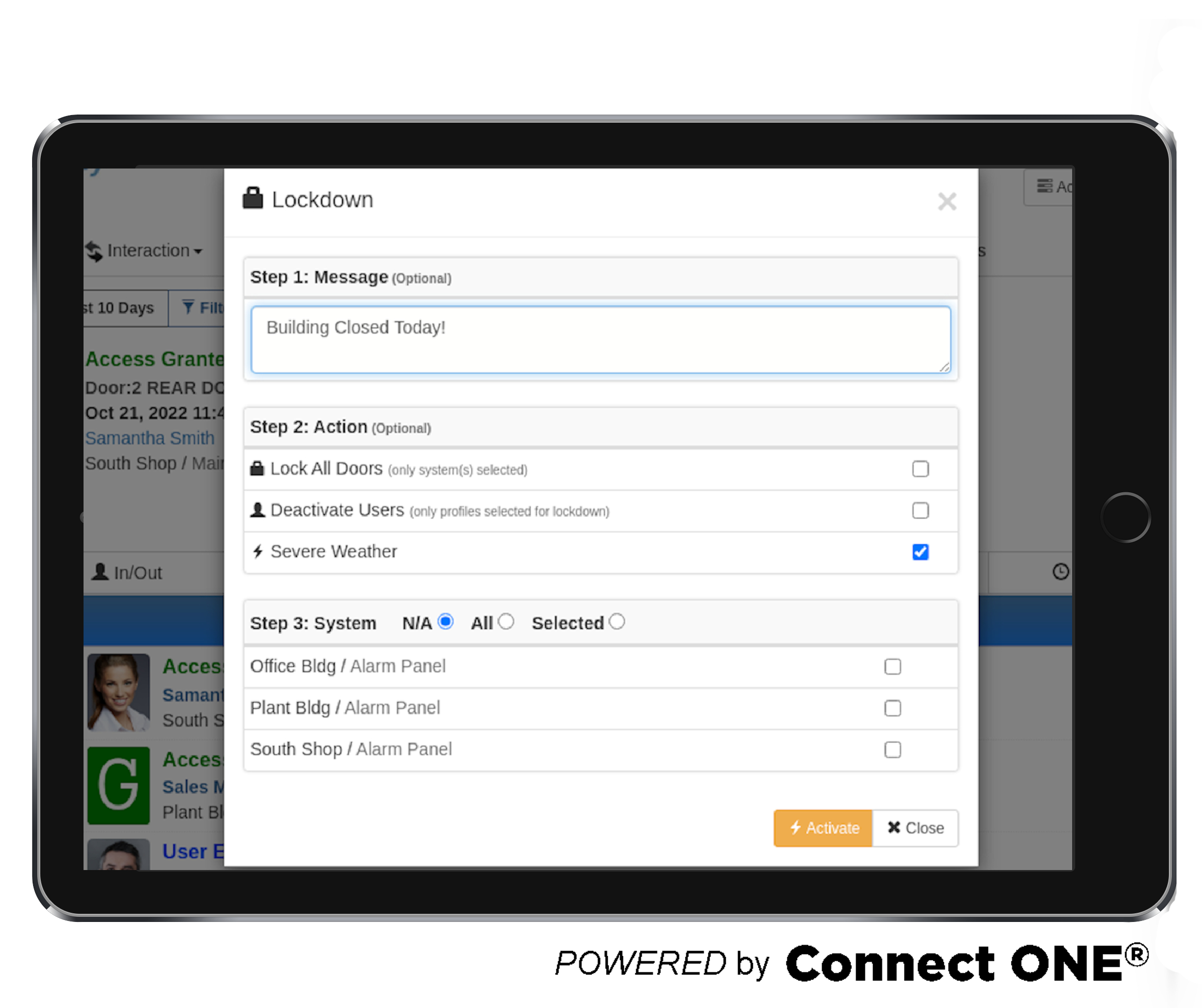 Connect ONE Lockdown Task Activation